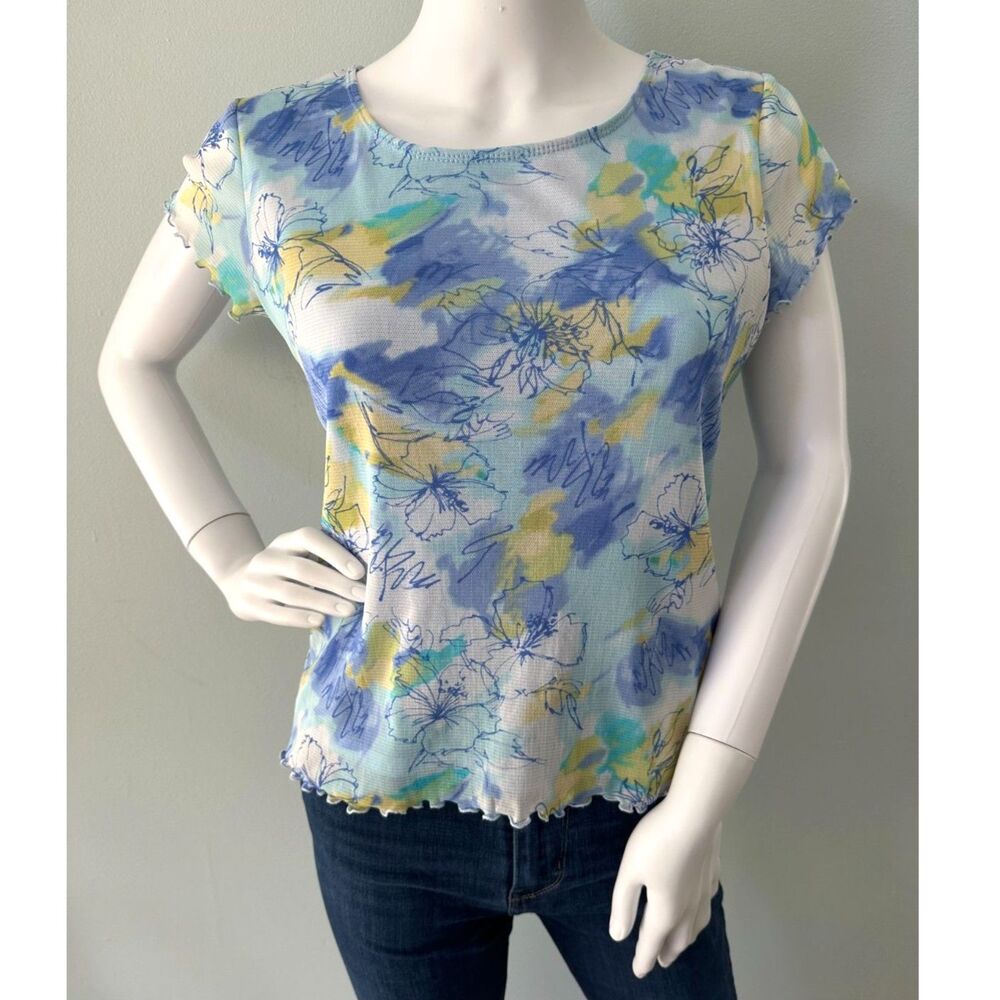 Vintage Y2K Pastel Floral Mesh Top Lettuce Hem Fairycore Baby Tee size Medium